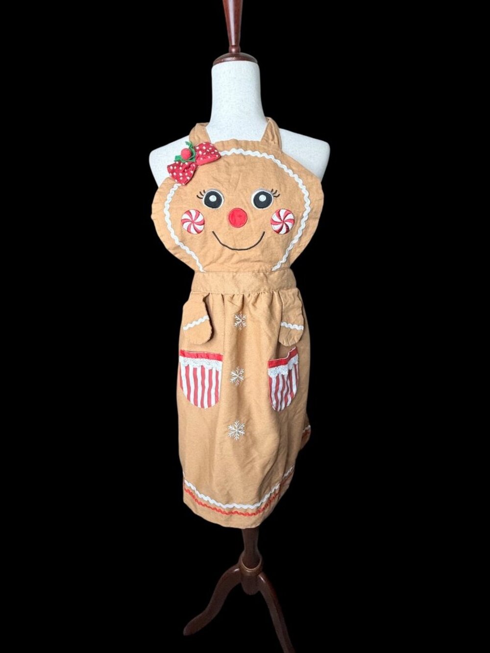 Gingerbread-Themed Apron Peppermint Accents Pockets Festive Kitchen holiday O/S